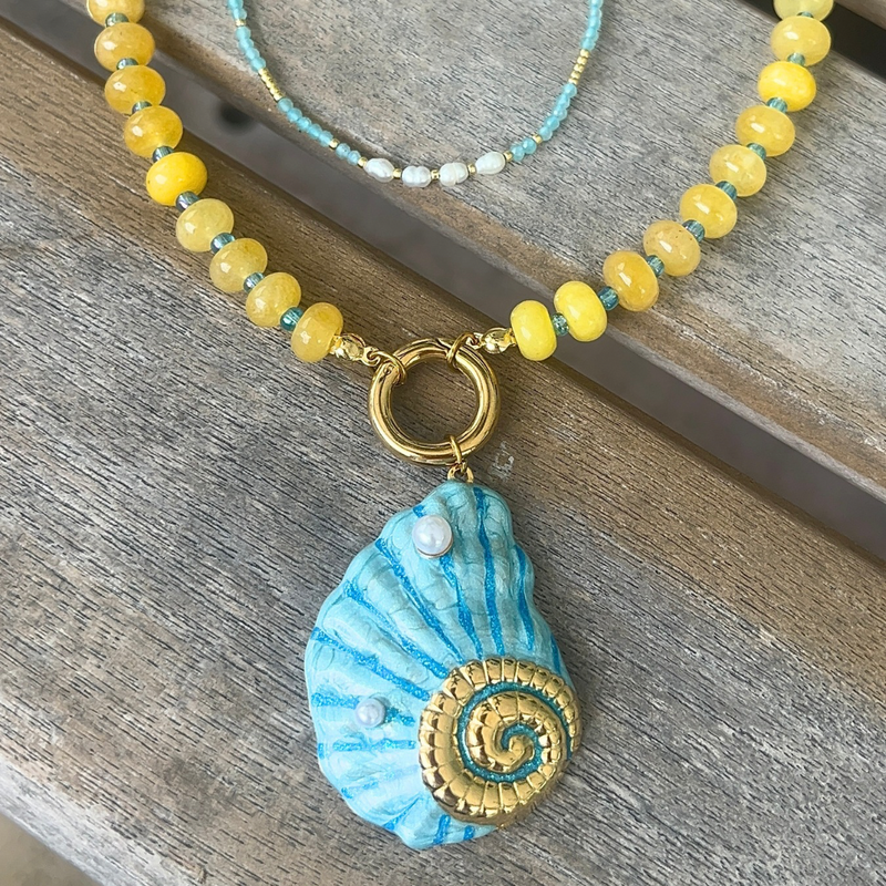 Coastal necklace stack set with hand painted seashell pendant yellow stone bead necklace and aqua blue seed bead layering necklace