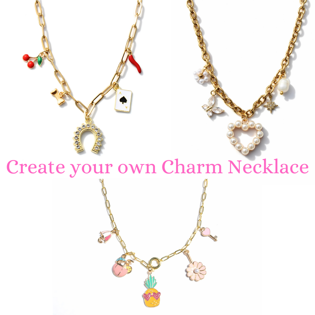 Picture shows four examples of charm necklaces with different charms.