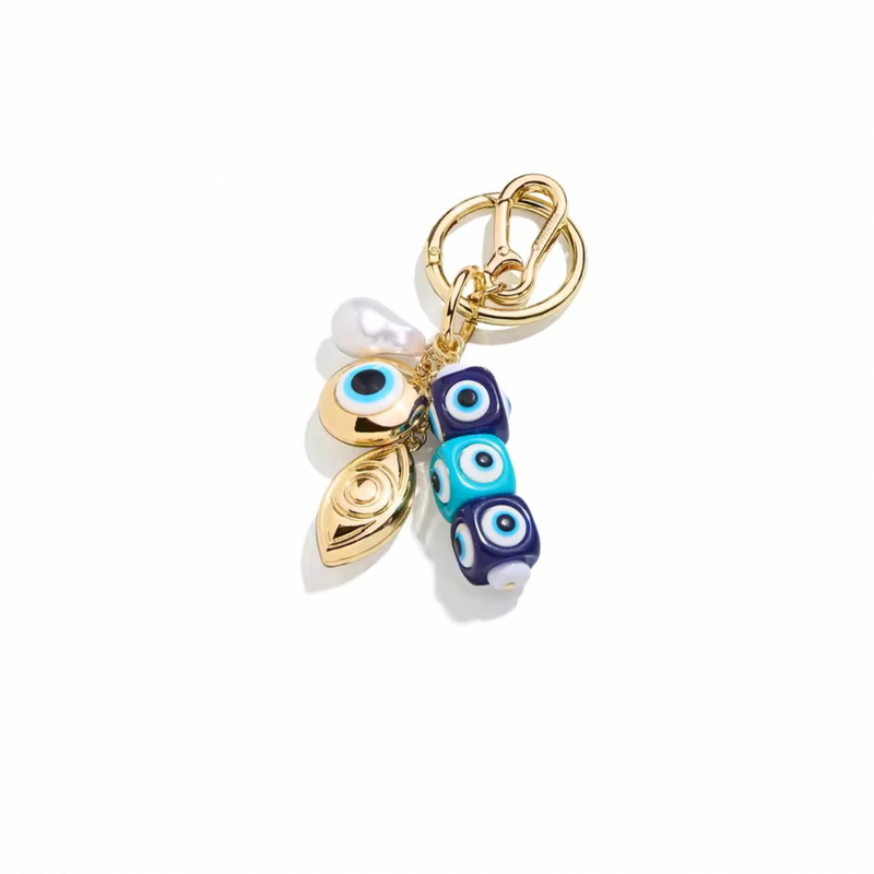 Gold plated evil eye bag charm keychain with enamel cube beads freshwater pearl and gold eye charms