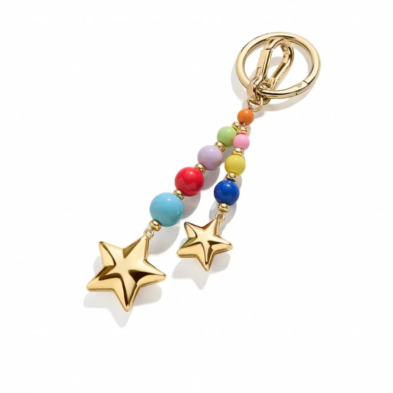 Gold double star bag charm keychain with rainbow multicolor enamel beads on a gold swivel clip