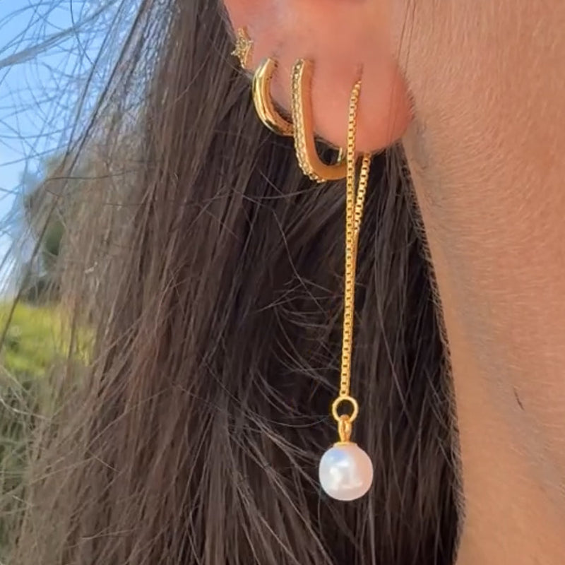 Gold plated pearl threader earrings with delicate box chain and single white pearl drop