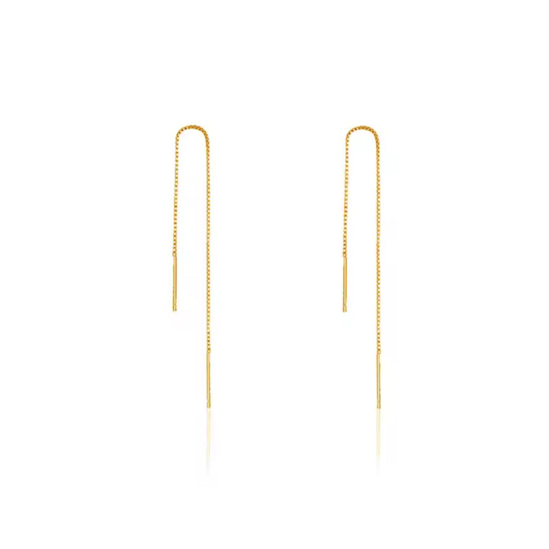 Gold plated minimalist threader earrings with double drop box chain and bar ends