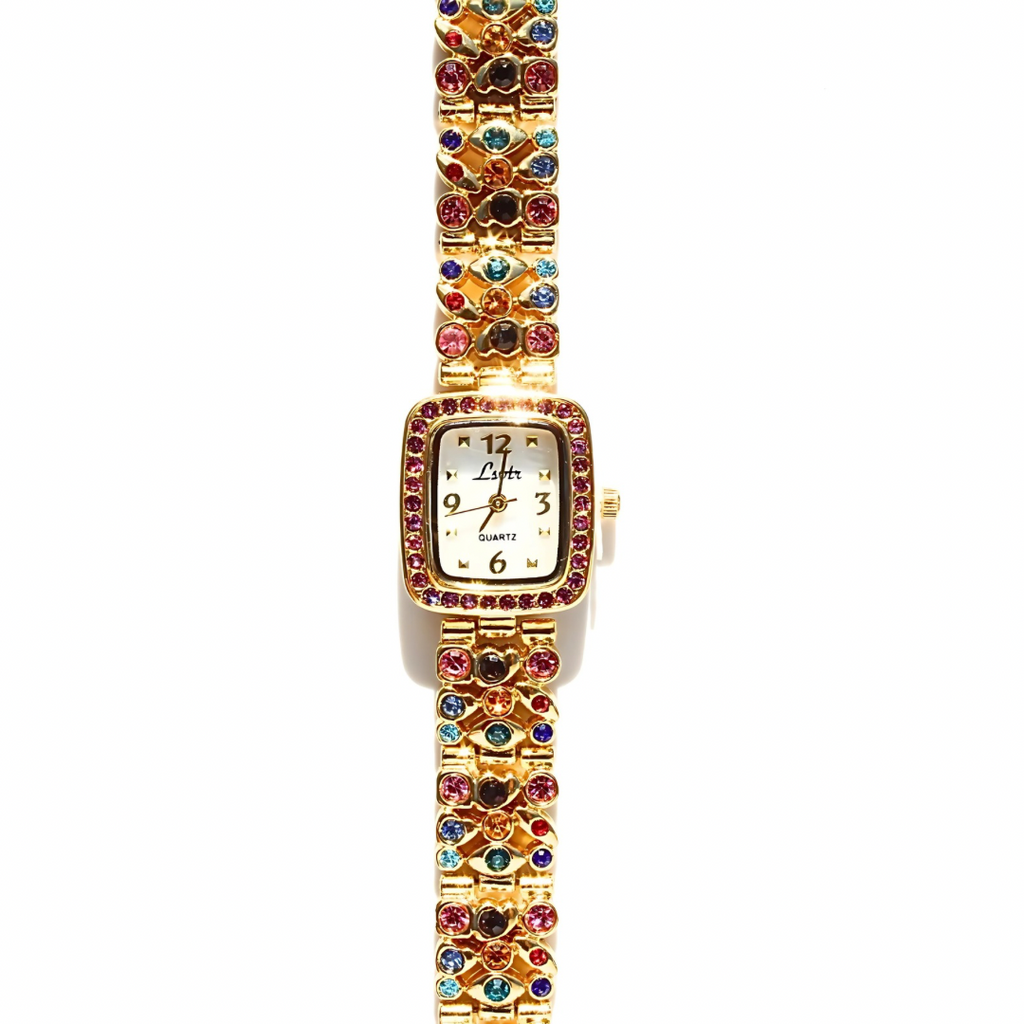 Gold watch with colorful gemstones on a white background