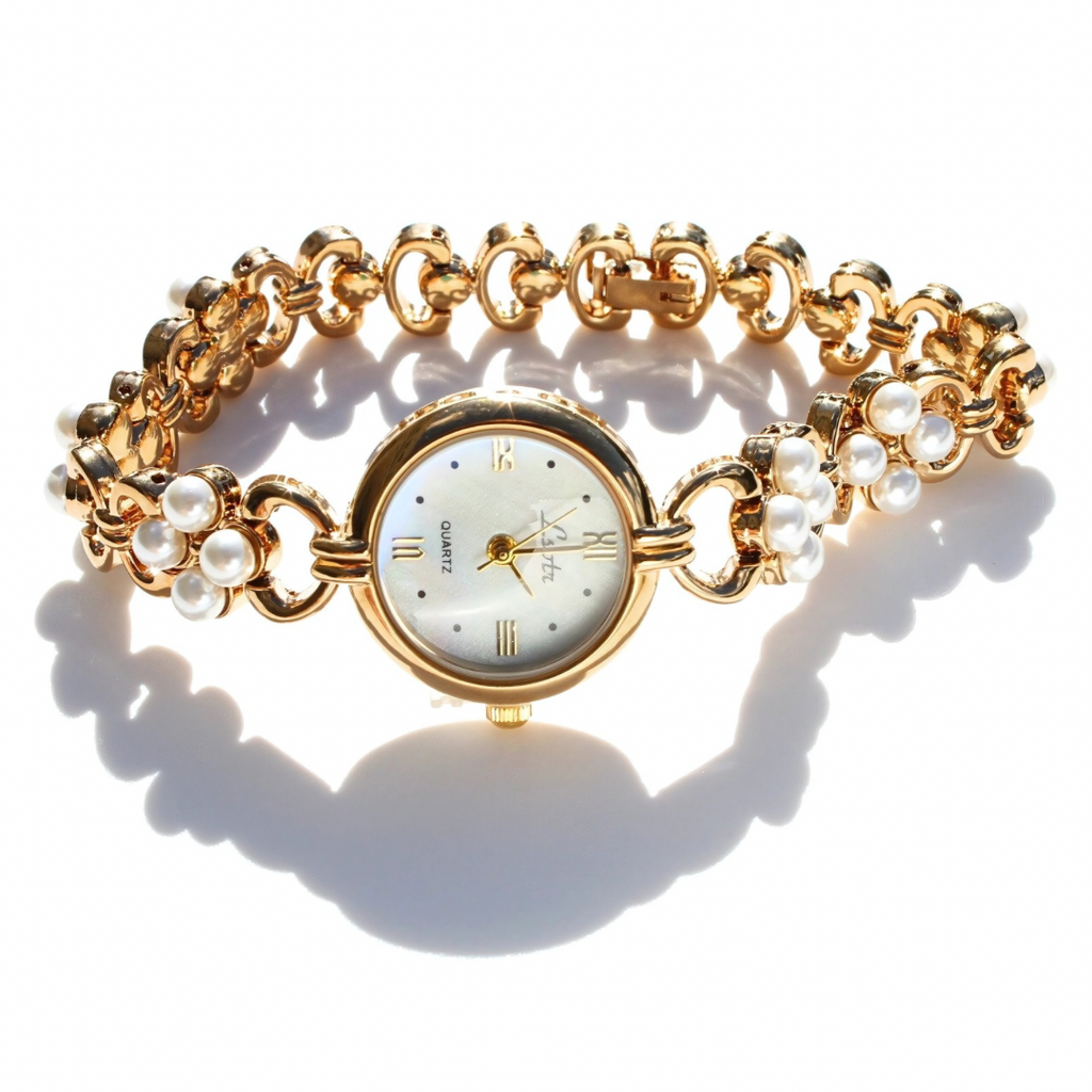 Gold watch with pearl accents on a white background