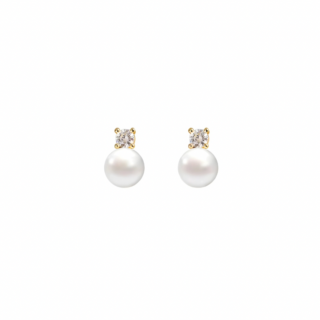 Pair of pearl earrings with gold accents on a white background