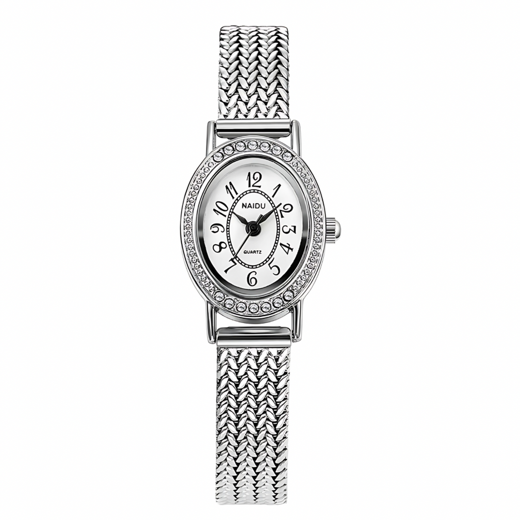 Silver watch with mesh band on a white background
