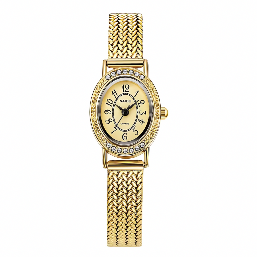 Gold watch with a mesh band on a white background