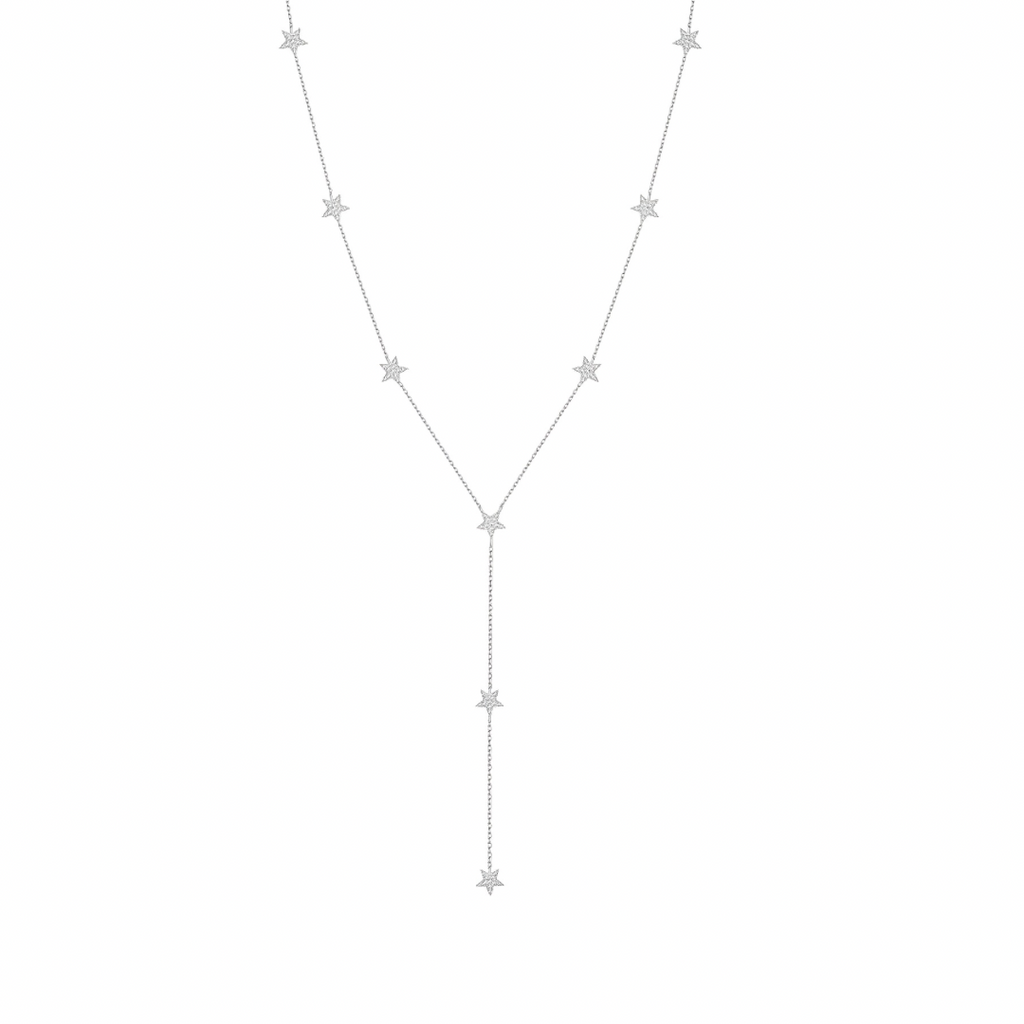 Silver star-shaped lariat necklace on a white background