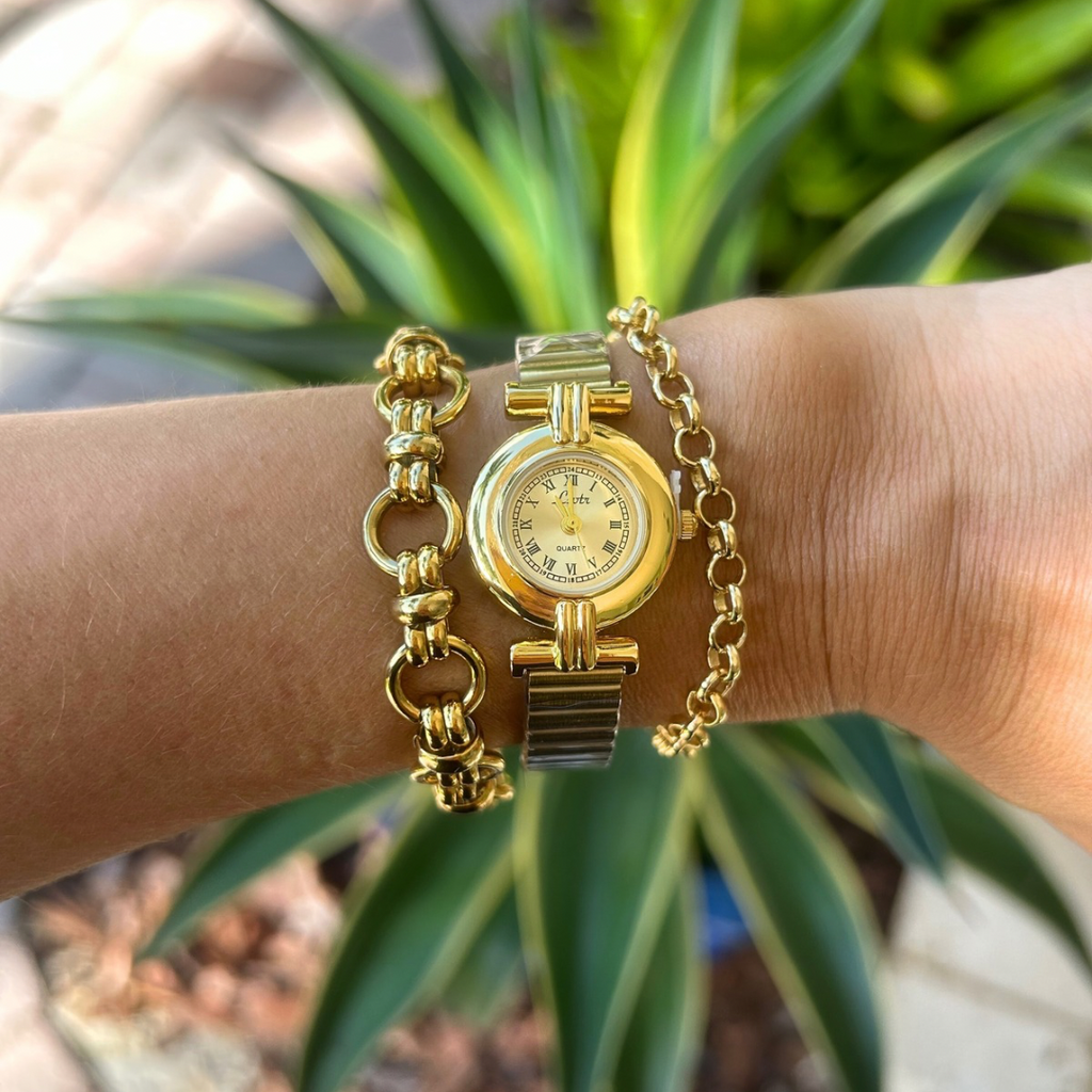 Gold watch and bracelet set on a wrist with a plant in the background