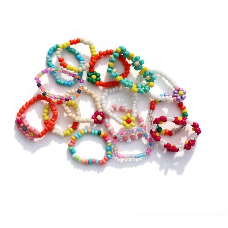 Colorful handmade seed bead stretch rings that double as Birkenstock sandal strap charms mix and match set of 3